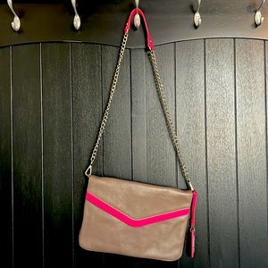 Cynthia Rowley leather crossbody purse; grey/brown with neon pink detail